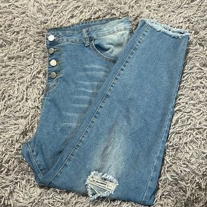 High wasted blue jeans.